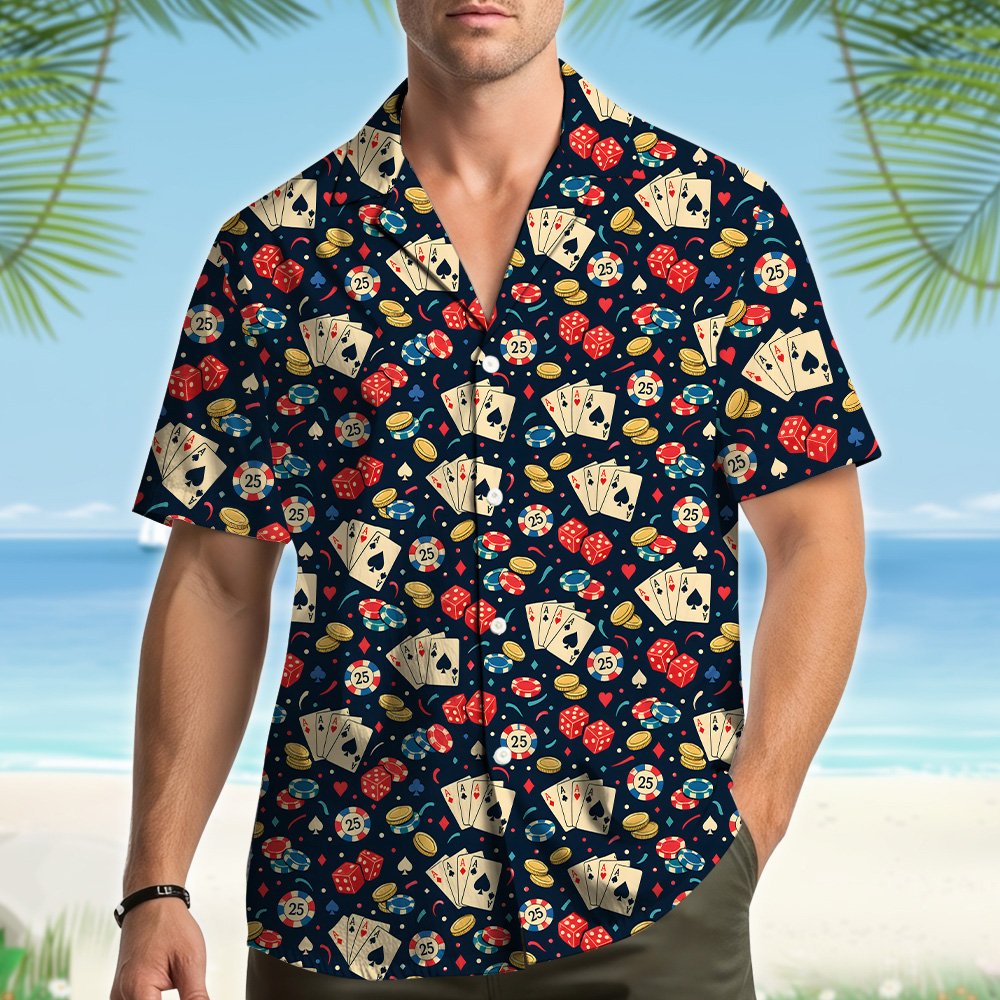Matching family casino hawaiian shirt featuring playing cards and dice on navy blue, main view