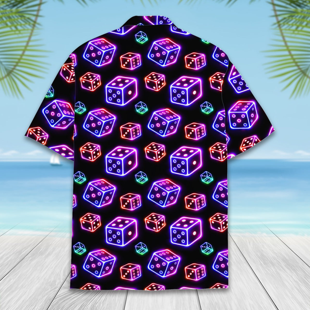Another back view of the neon dice hawaiian shirt