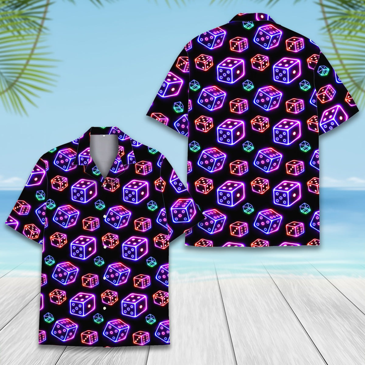 Another front view of the matching family hawaiian shirt in black and neon