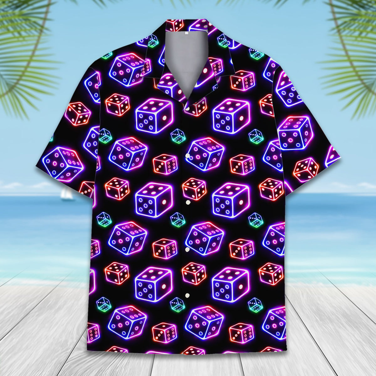 Detailed front view of the casino neon dice hawaiian shirt