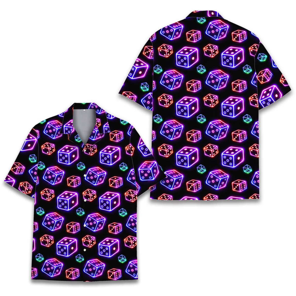 Front view of the black hawaiian shirt with neon dice pattern