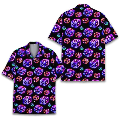 Front view of the black hawaiian shirt with neon dice pattern