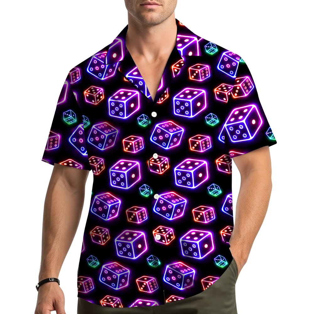 Lifestyle view of a person wearing the casino neon hawaiian shirt