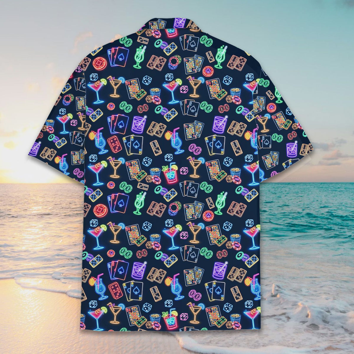 Navy casino neon hawaiian shirt, back view showing the repeating pattern