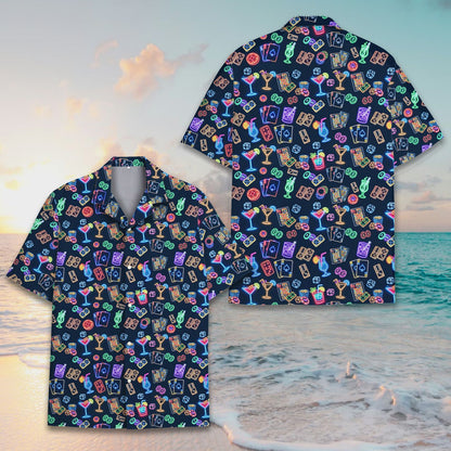 Detail view of the neon casino pattern on the navy hawaiian shirt