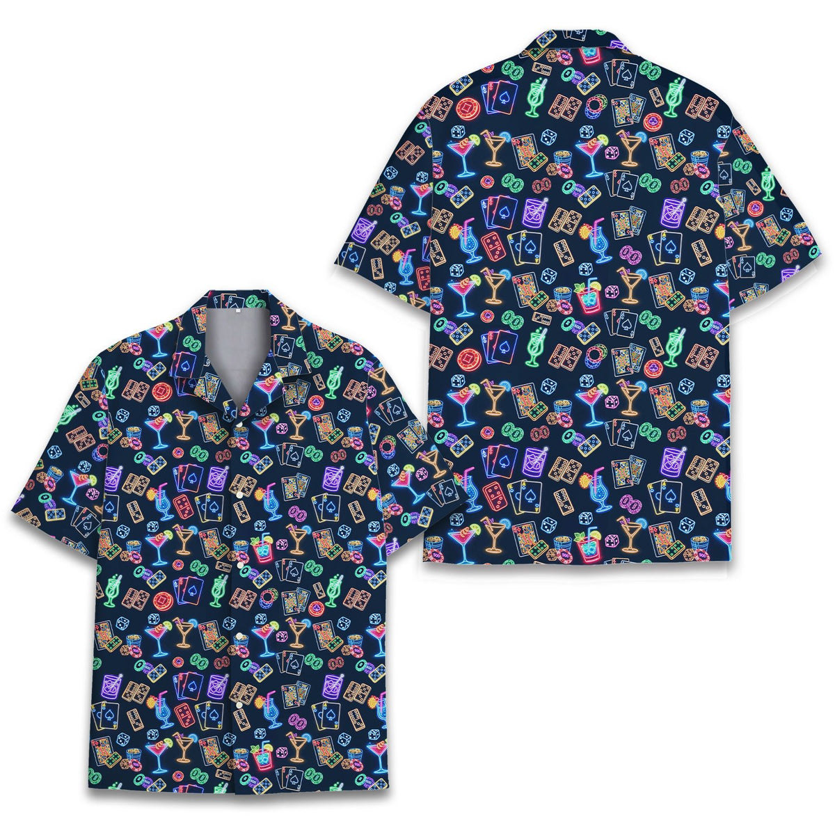 Close-up of the short-sleeve button-up collar on the casino neon hawaiian shirt