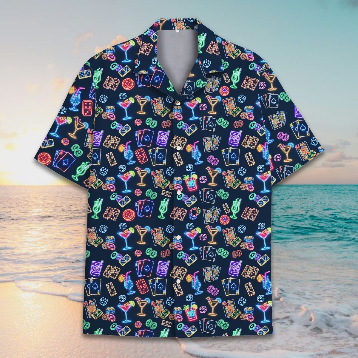 Casino neon hawaiian shirt with cocktail motifs, flat lay front view