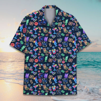 Casino neon hawaiian shirt with cocktail motifs, flat lay front view
