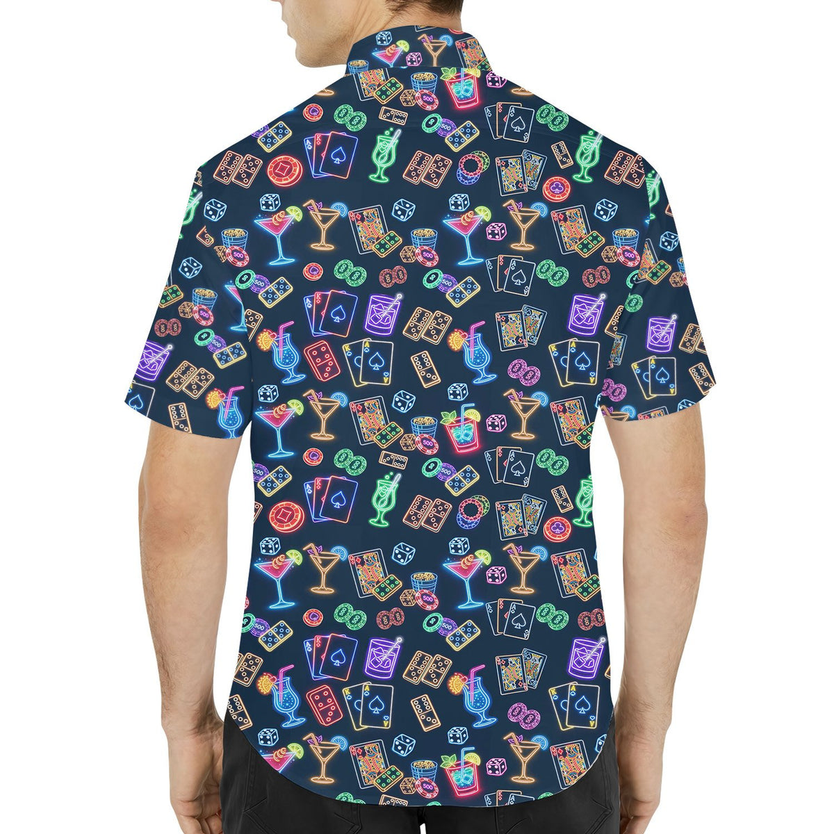 Lifestyle shot of an adult styling the matching family hawaiian shirt