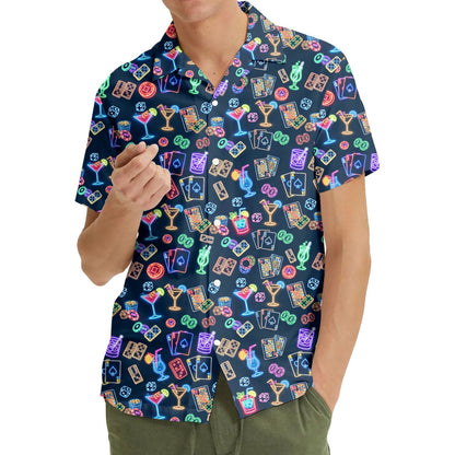 Group lifestyle shot featuring the vibrant casino neon hawaiian shirt