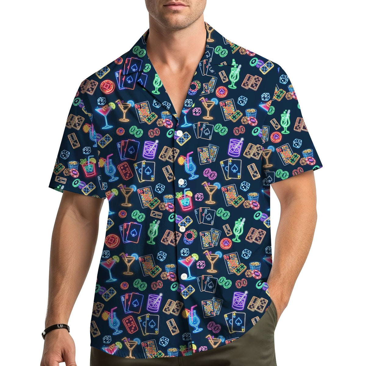 Adult wearing the casino neon hawaiian shirt outdoors