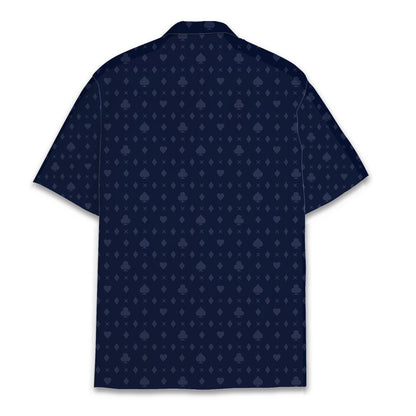 Back view of the navy casino hawaiian shirt