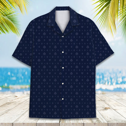 Detailed front view of the navy playing cards hawaiian shirt