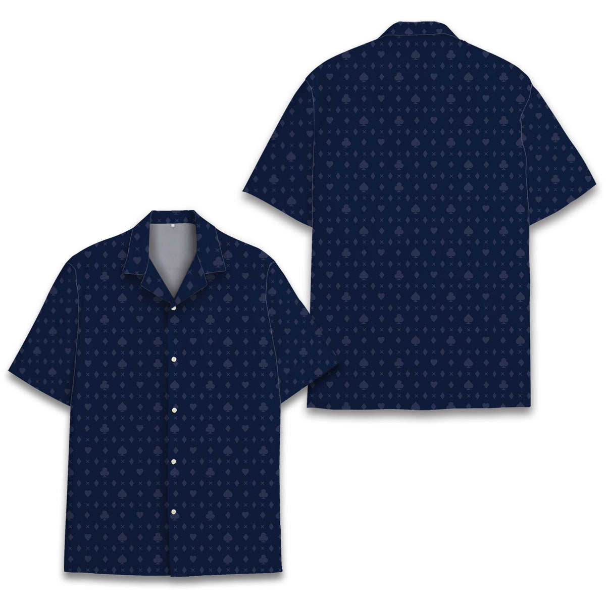 Close up front view of the geometric playing card pattern on the navy hawaiian shirt
