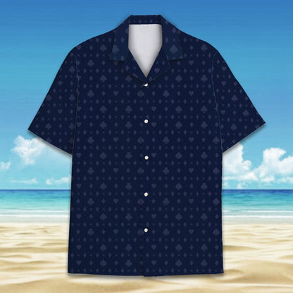 Front view of the navy casino hawaiian shirt