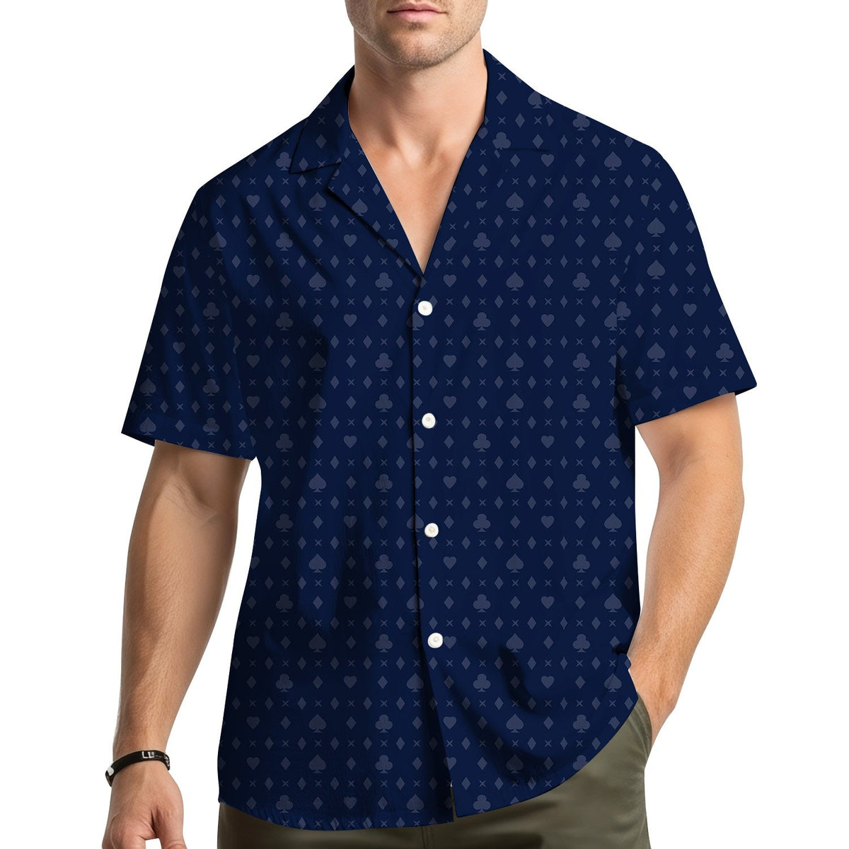 Lifestyle image of a person wearing the navy casino hawaiian shirt