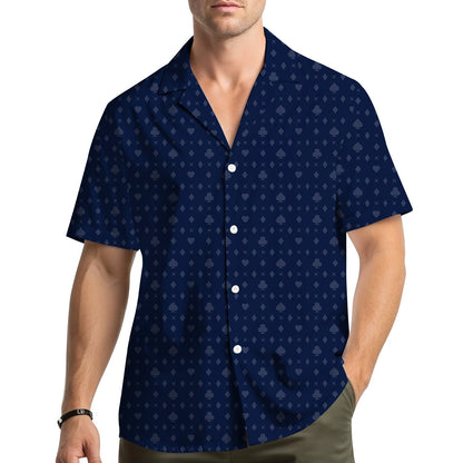 Lifestyle image of a person wearing the navy casino hawaiian shirt