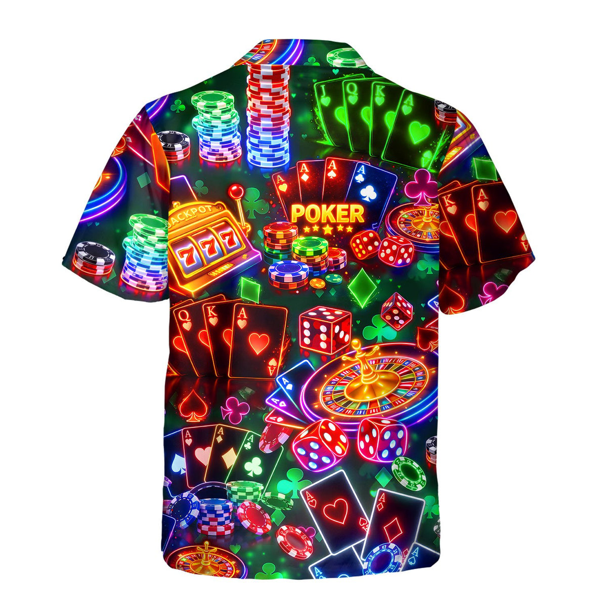 Back view of the vibrant casino/poker hawaiian shirt on a dark background