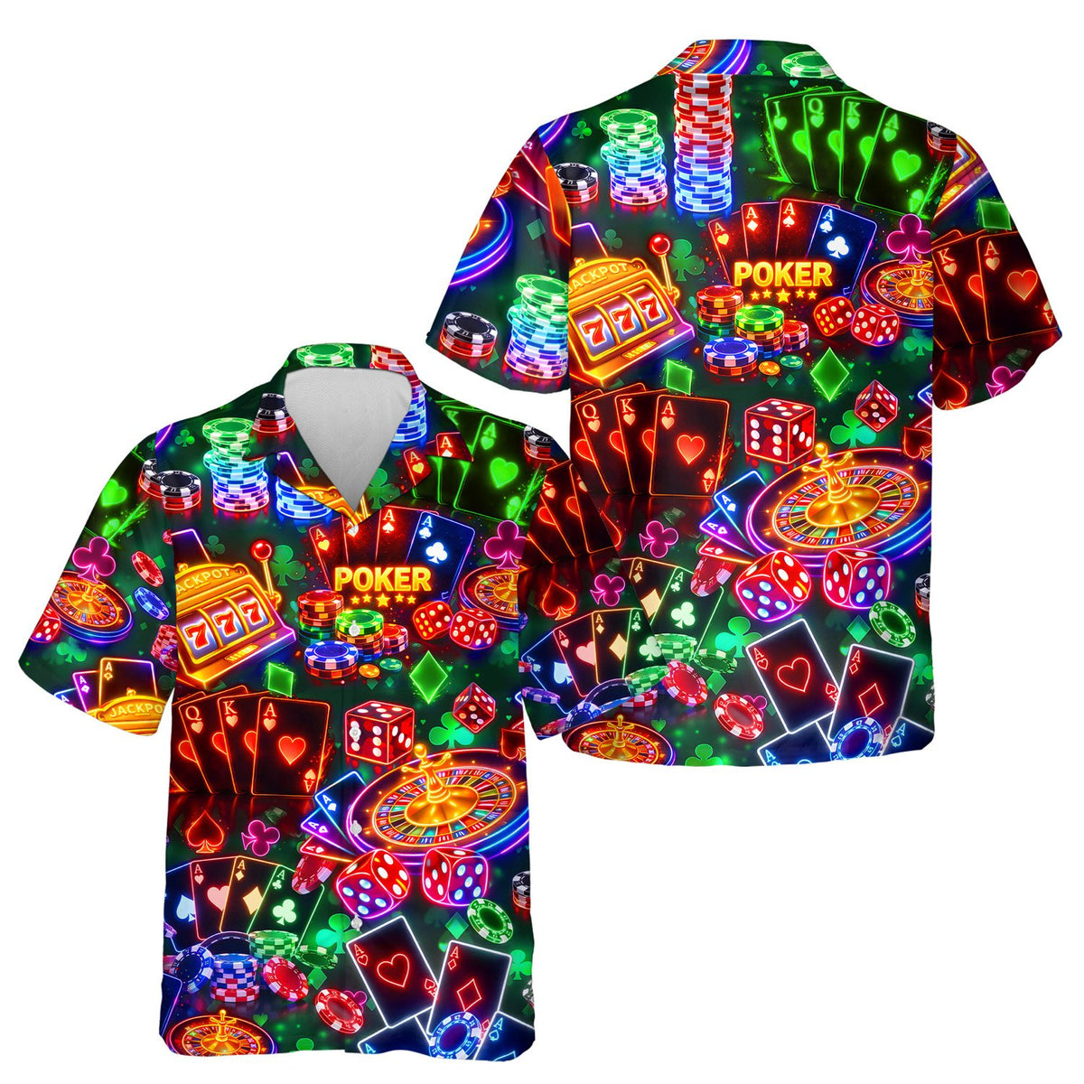 Vibrant neon casino/poker hawaiian shirt featuring cards and dice, main view