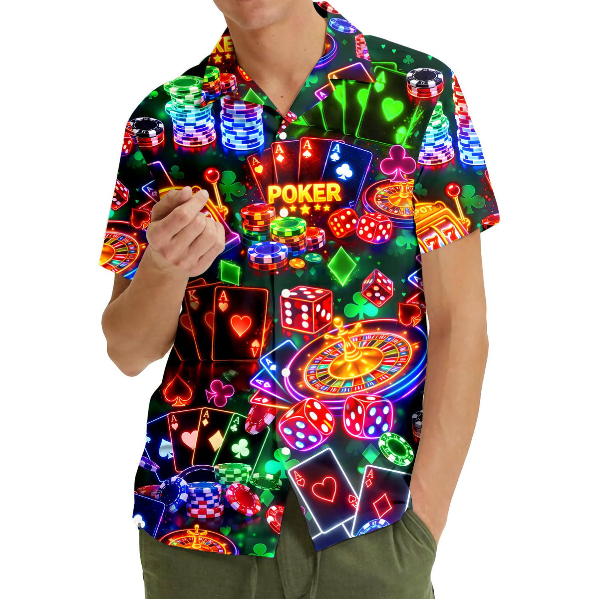 Lifestyle view showing the bright neon colors of the casino hawaiian shirt