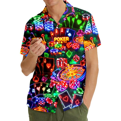 Lifestyle view showing the bright neon colors of the casino hawaiian shirt