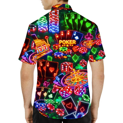 Close up lifestyle view of the poker and roulette wheel print on the hawaiian shirt