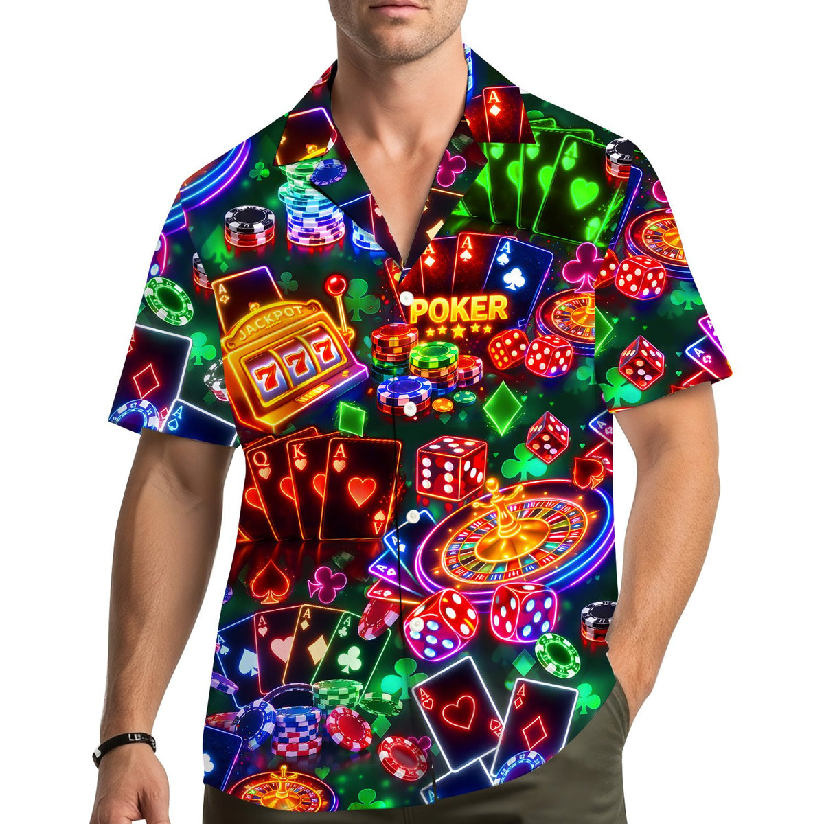 Lifestyle view of a person wearing the matching family casino hawaiian shirt outdoors