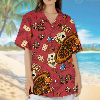 Red casino hawaiian shirt front view with cards and dice