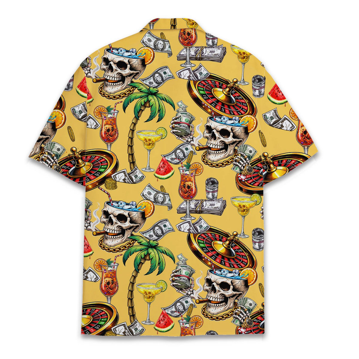 Detailed back view of the yellow casino skull shirt