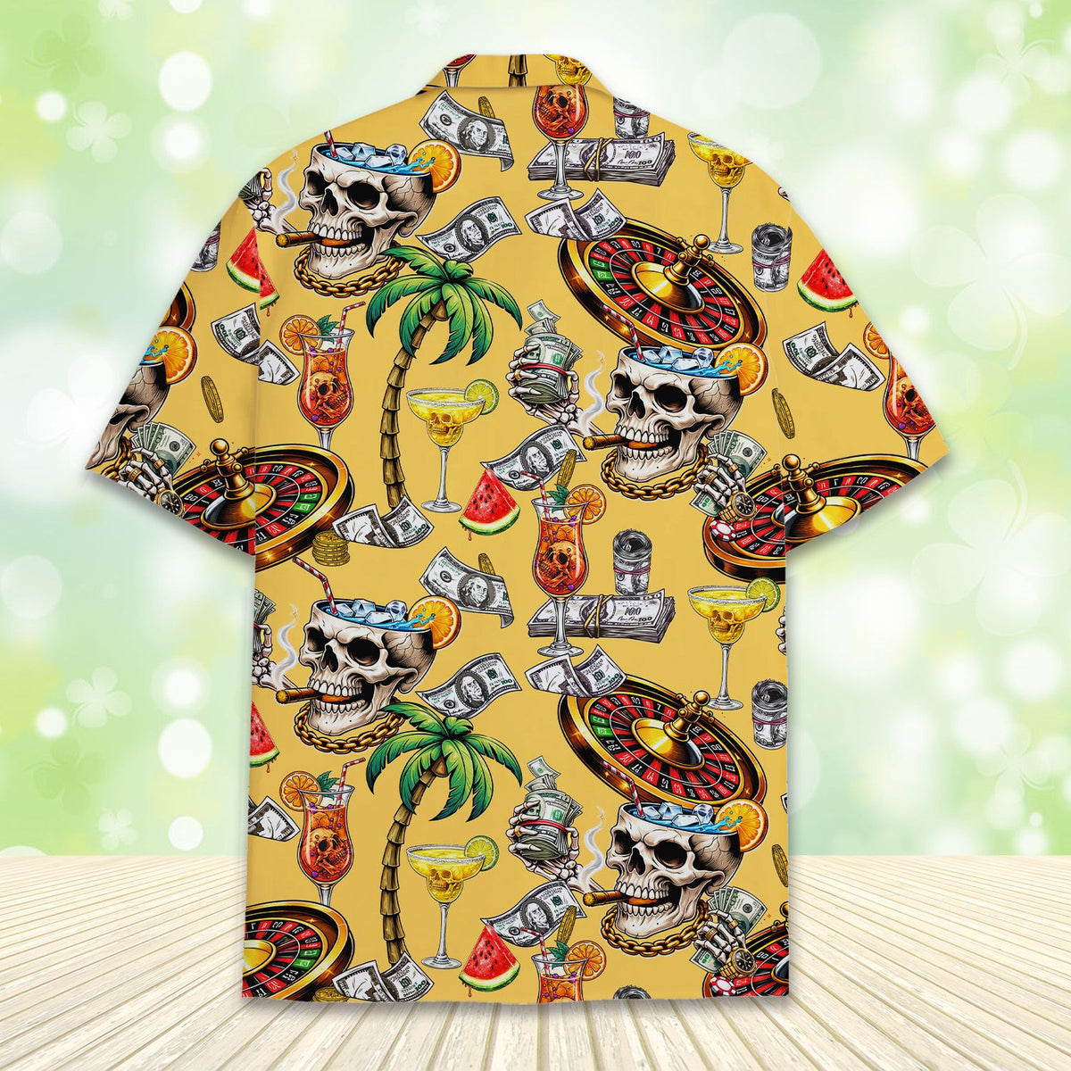 Back view of the yellow casino skull hawaiian shirt