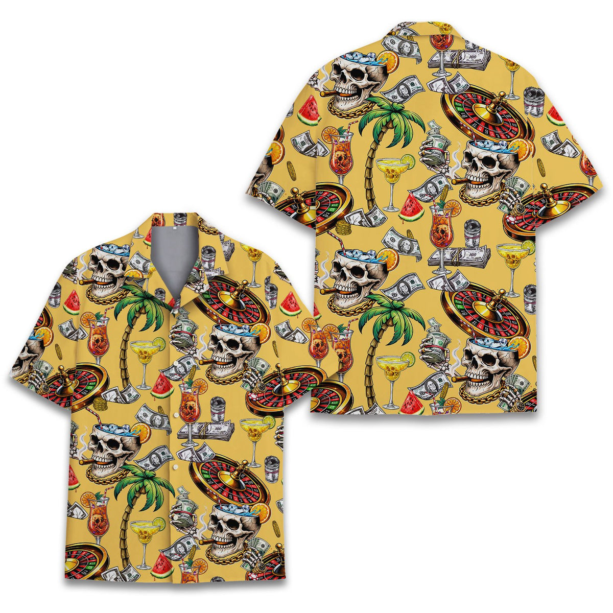 Detailed front view of the yellow casino skull button-down shirt