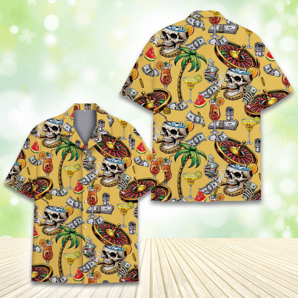 Close-up front view of the tropical casino skull matching family shirt