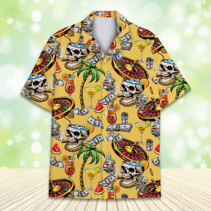 Yellow casino skull hawaiian shirt featuring smoking skulls and roulette wheels, main view