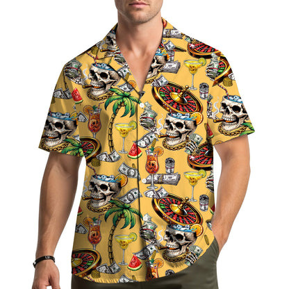 Lifestyle view of the matching family hawaiian shirts in yellow casino skull design