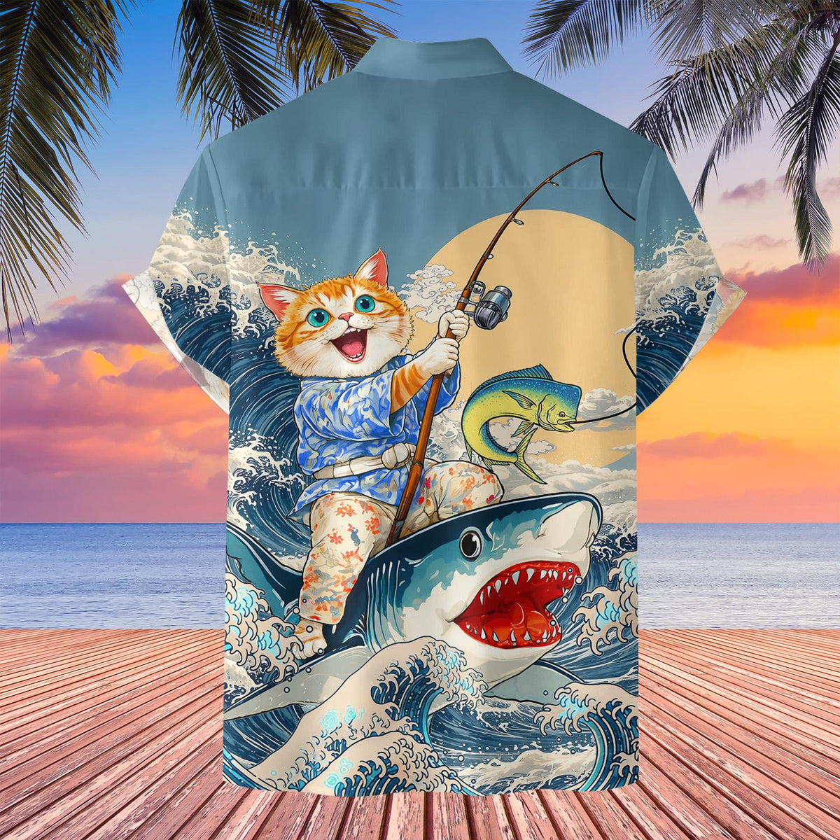Back view of the cat on shark fishing hawaiian shirt with ocean waves