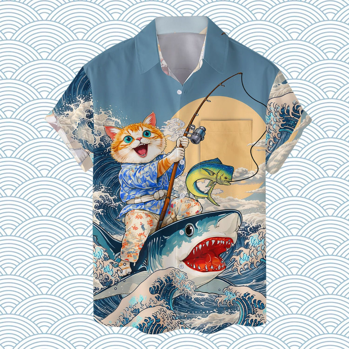 Close-up front view of the cat and yellow sun design on the hawaiian shirt
