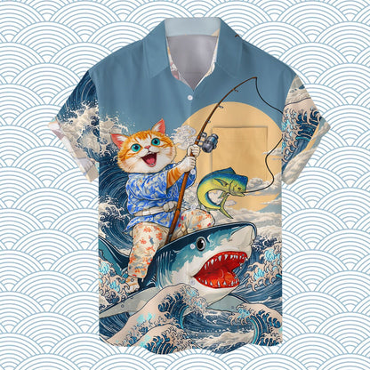 Close-up front view of the cat and yellow sun design on the hawaiian shirt
