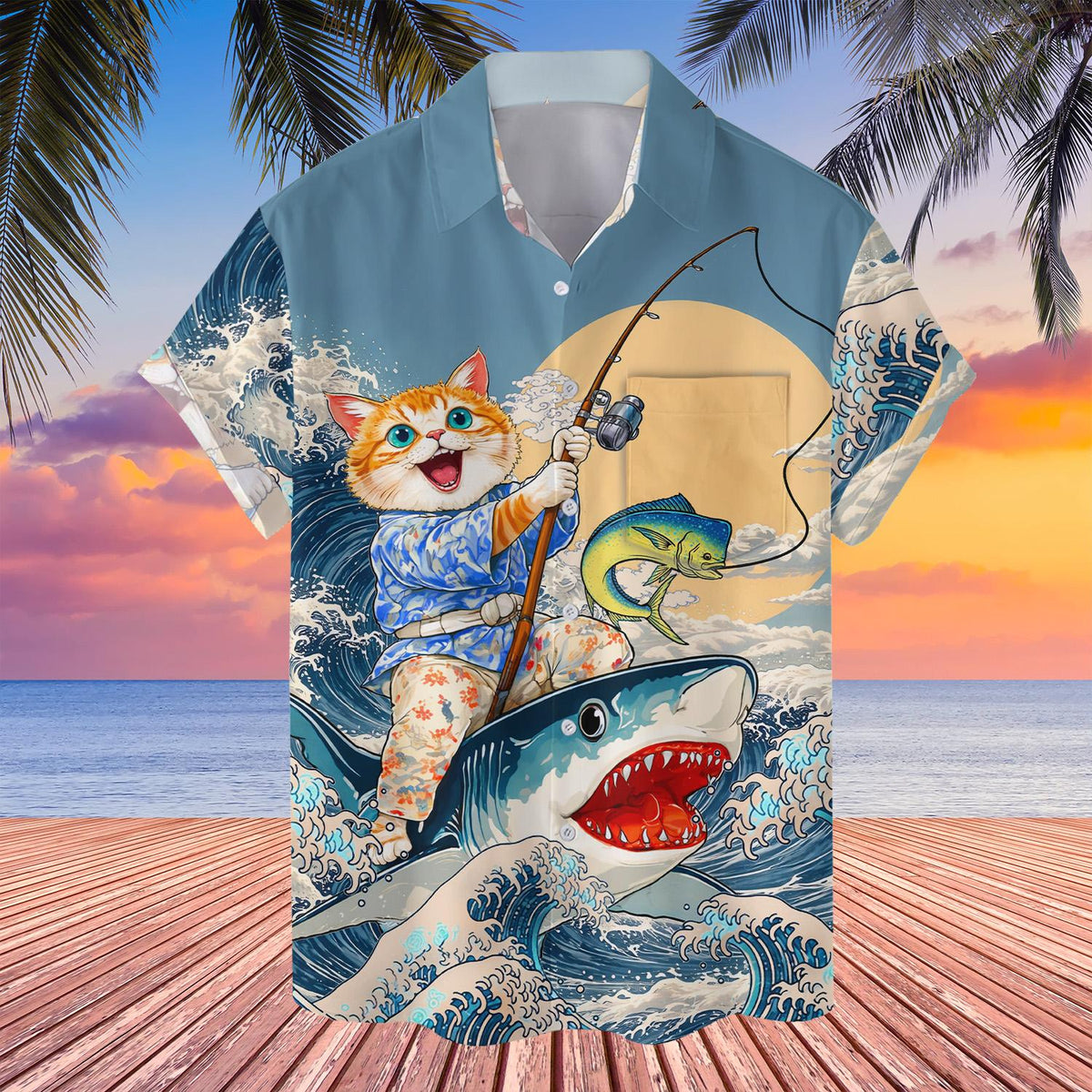 Additional front view detail of the cat on shark fishing hawaiian shirt