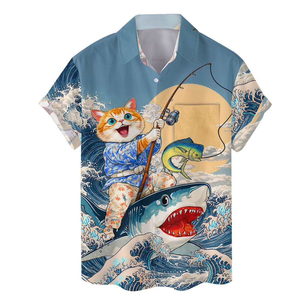 Cat on shark fishing hawaiian shirt featuring a blue wave background, main view