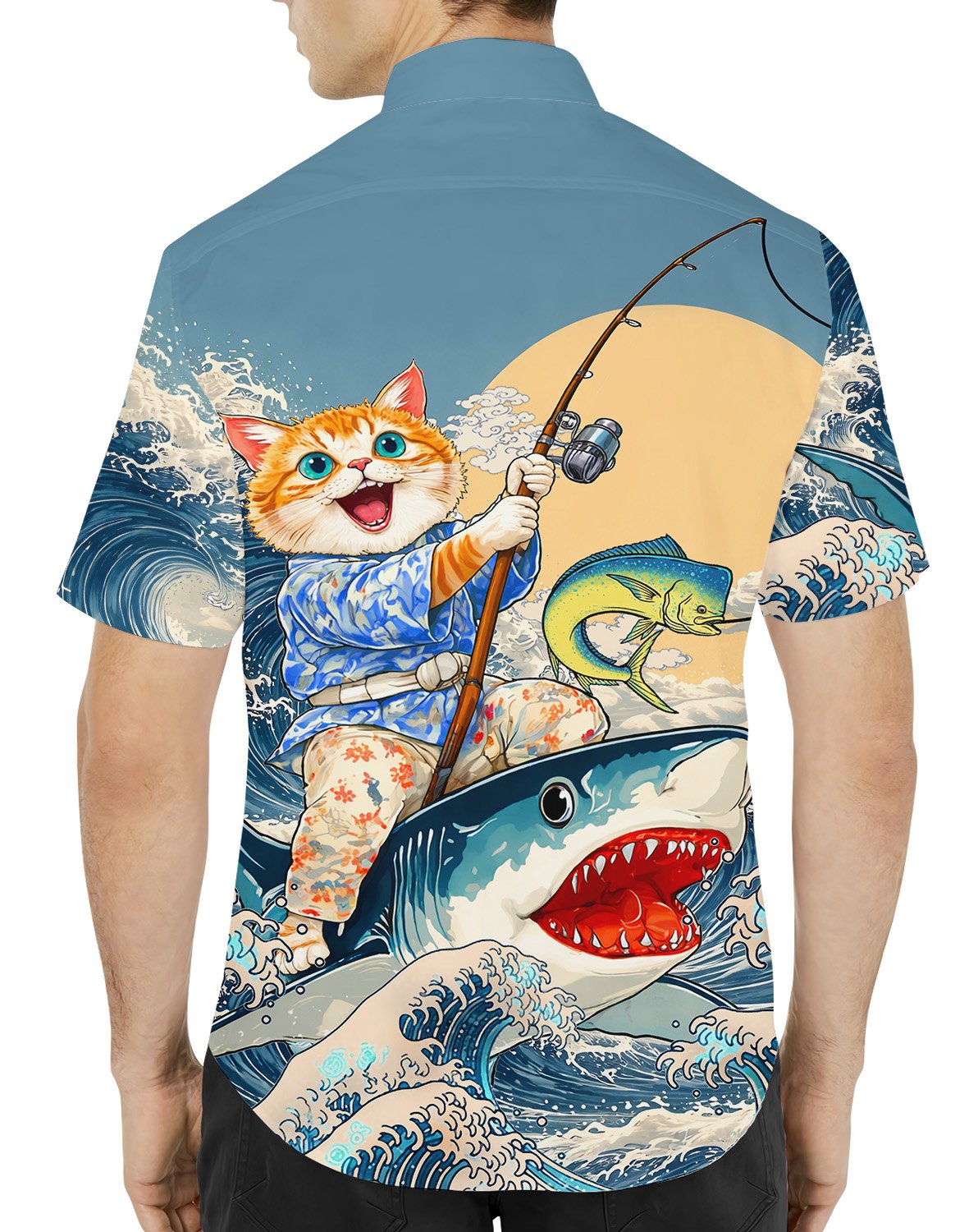 Second lifestyle view of a person wearing the cat on shark fishing hawaiian shirt