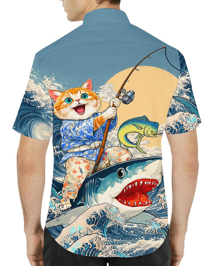 Second lifestyle view of a person wearing the cat on shark fishing hawaiian shirt