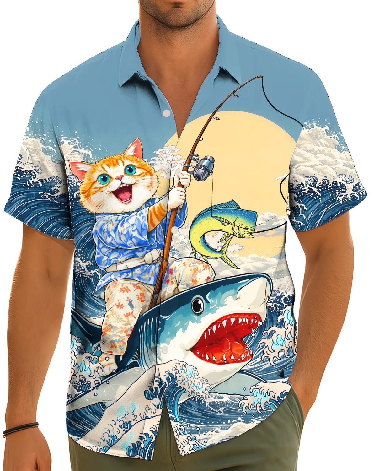 Lifestyle view of a person wearing the matching family hawaiian shirt