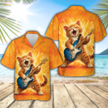Matching family hawaiian shirt with an orange tabby kitten playing a blue electric guitar, main view