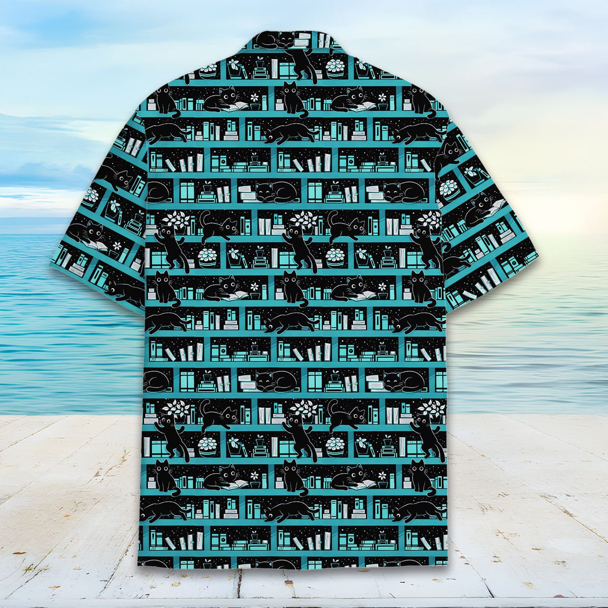 Alternate back view of the cats and books hawaiian shirt
