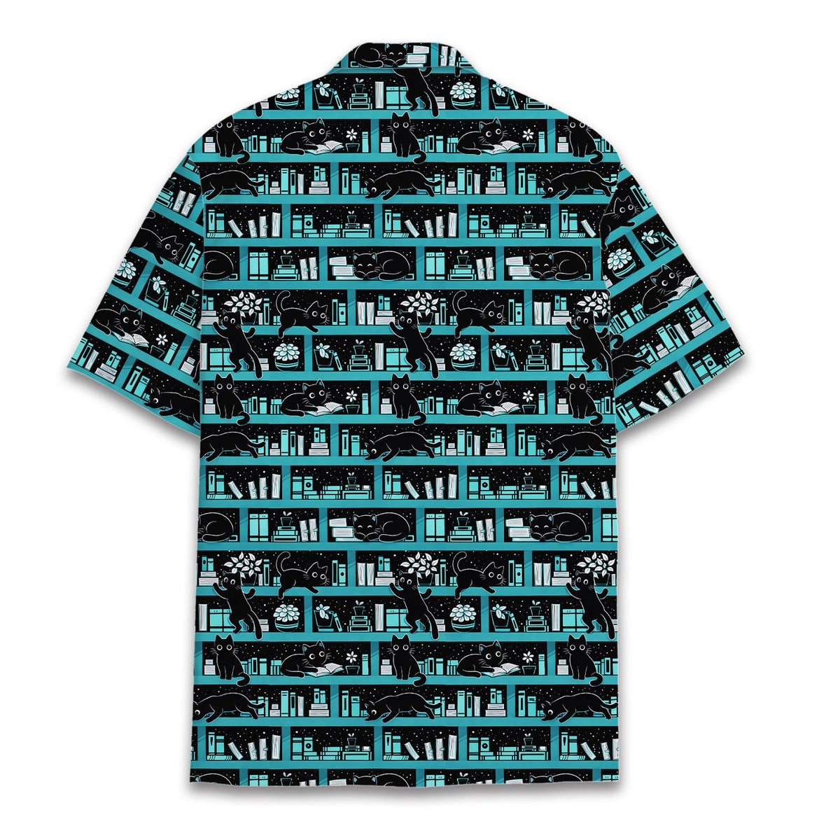 Back view of the cats and books hawaiian shirt showing the starry night background