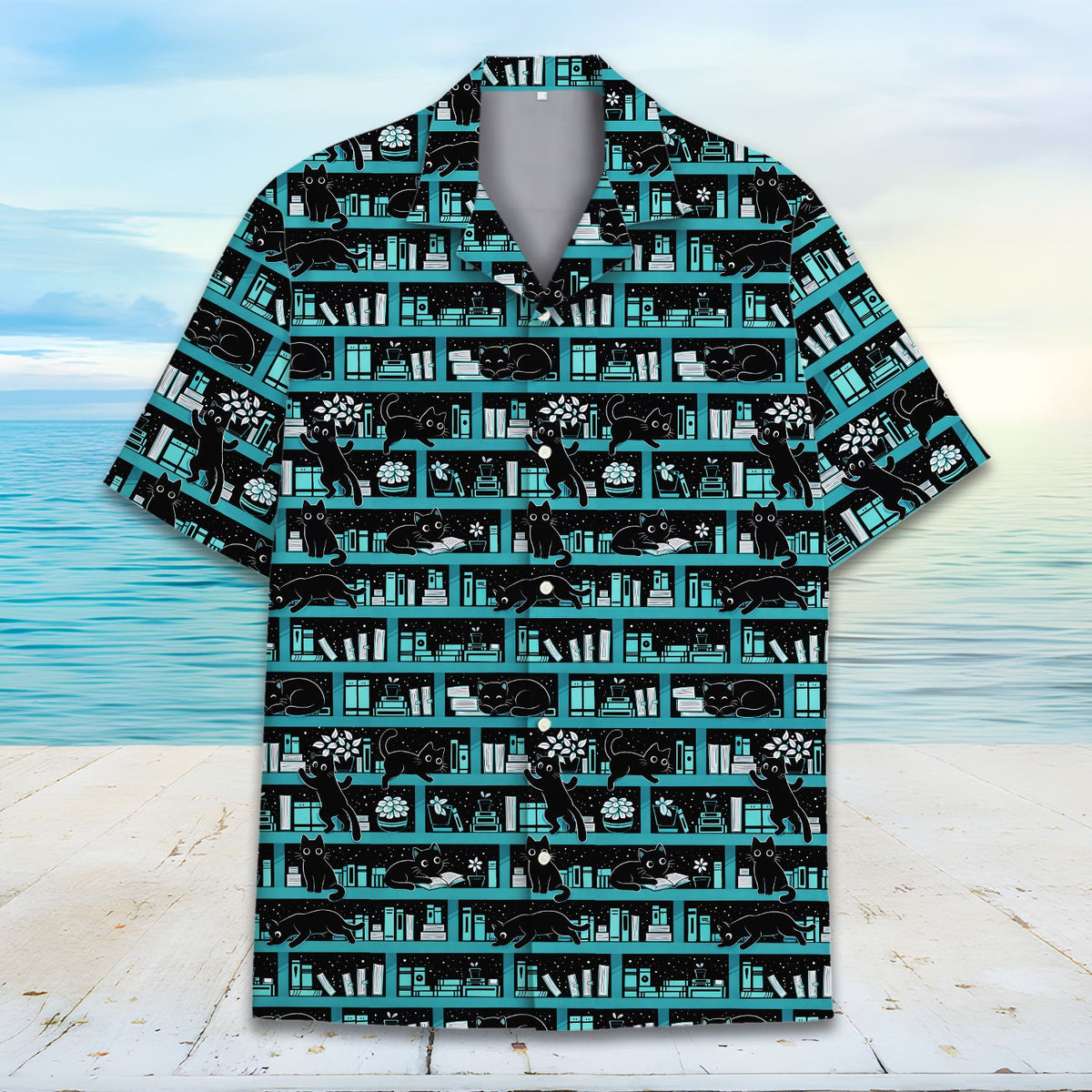 Alternate front view of the cats and books matching family hawaiian shirt