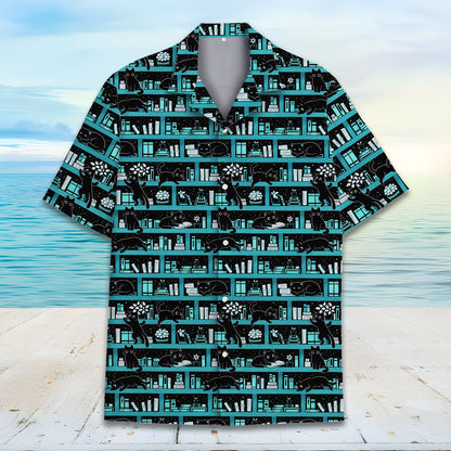 Front view of the cats and books hawaiian shirt