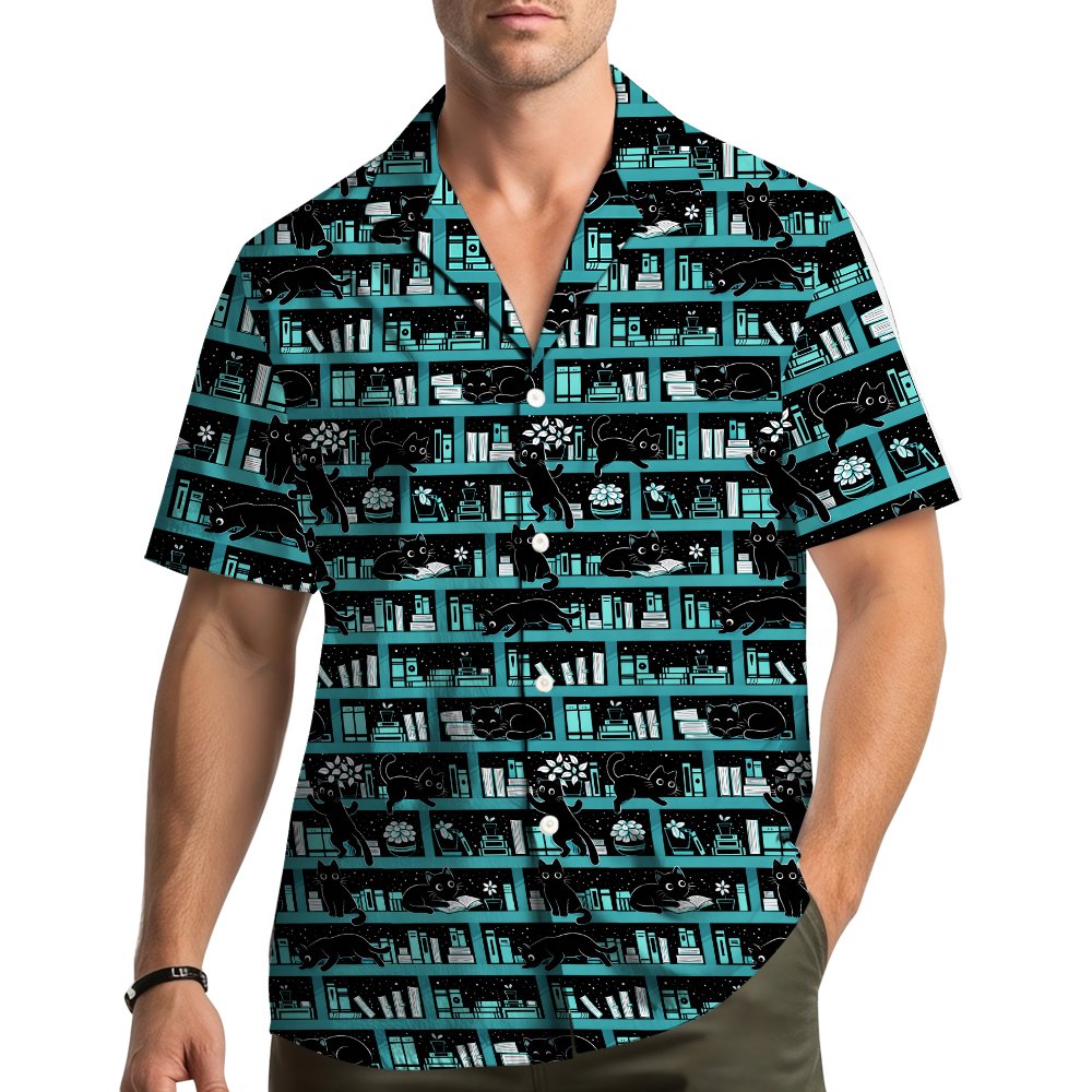 Lifestyle view of the cats and books hawaiian shirt for family matching outfits