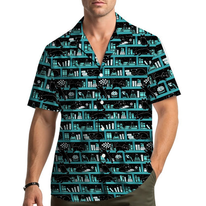 Lifestyle view of the cats and books hawaiian shirt for family matching outfits