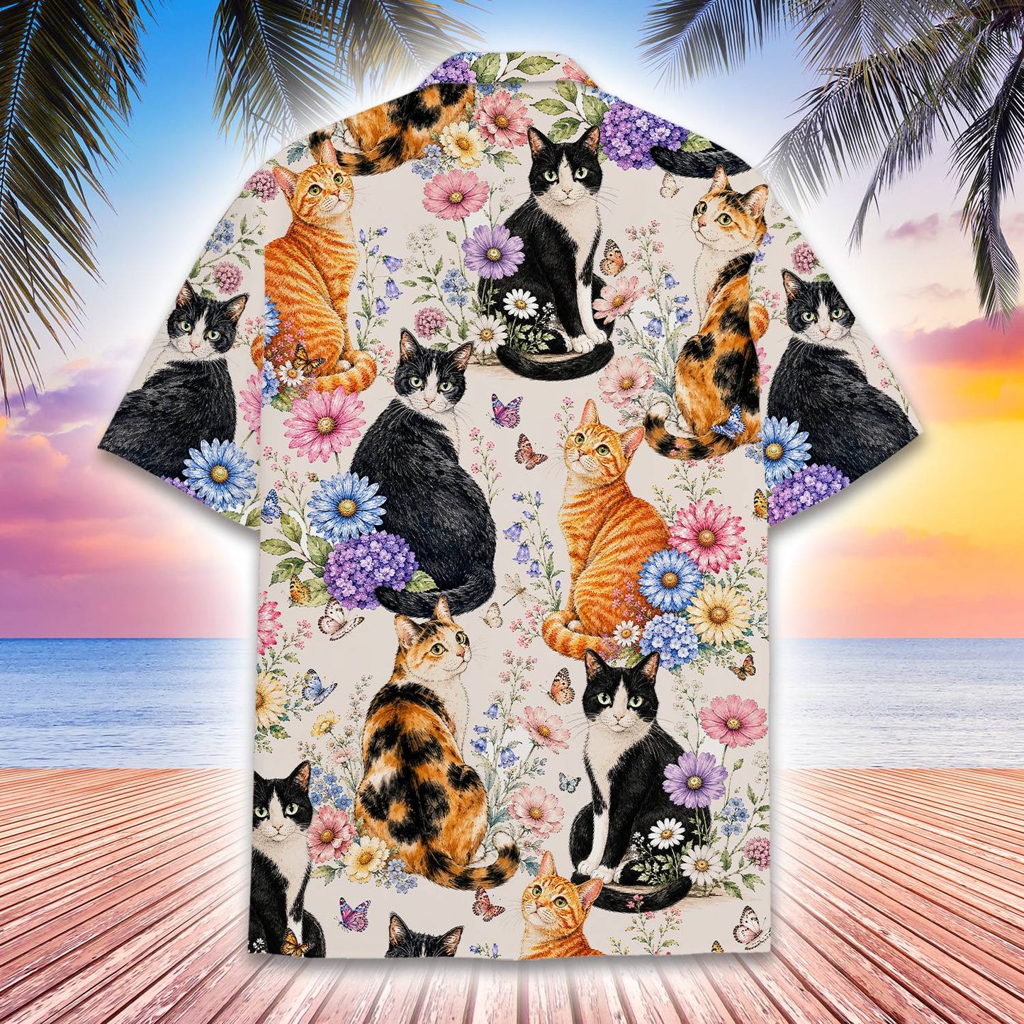 Matching family hawaiian shirts with cats and floral design, main view